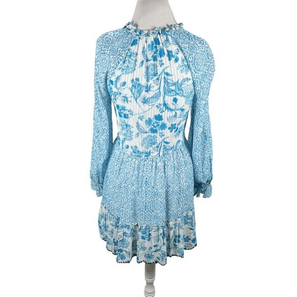 Hemant & Nandita Kaiyo Blue Floral Mini Dress Tassel Ties Boho Peasant Size XS - Picture 5 of 12